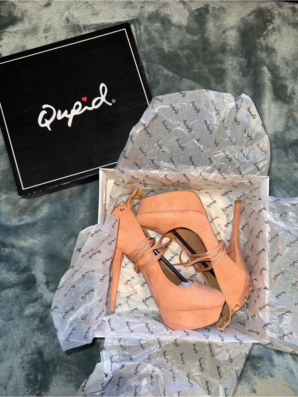 Qupid Peach Suede Platform Stiletto Heels with Ankle Wrap